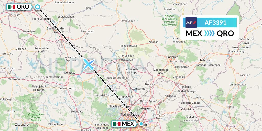 AF3391 Air France Flight Map: Mexico City to Queretaro