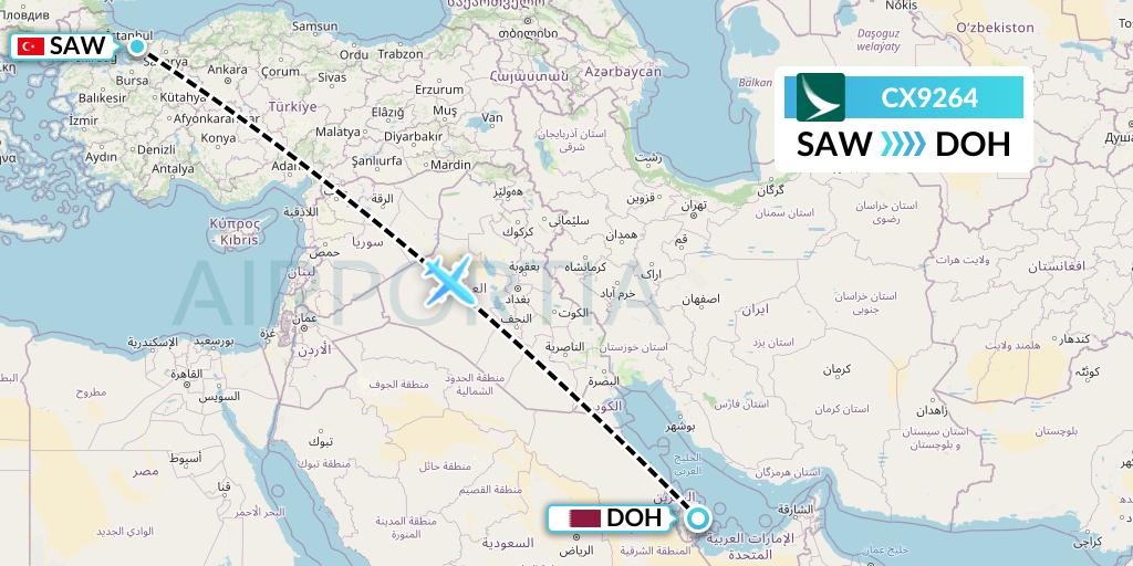 CX9264 Cathay Pacific Flight Map: Istanbul to Doha