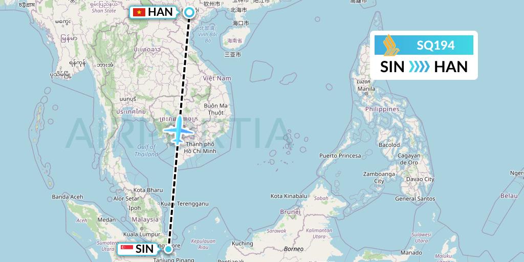 SQ194 Singapore Airlines Flight Map: Singapore to Hanoi