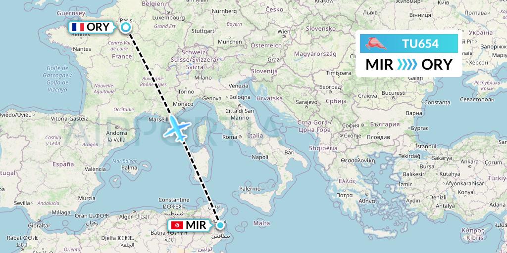 TU654 Tunisair Flight Map: Monastir to Paris