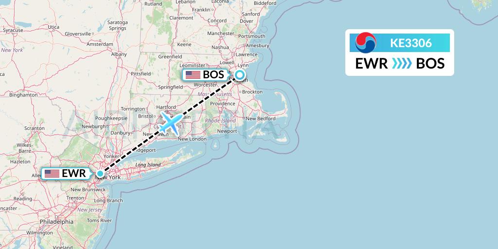 KE3306 Korean Air Flight Map: New York to Boston
