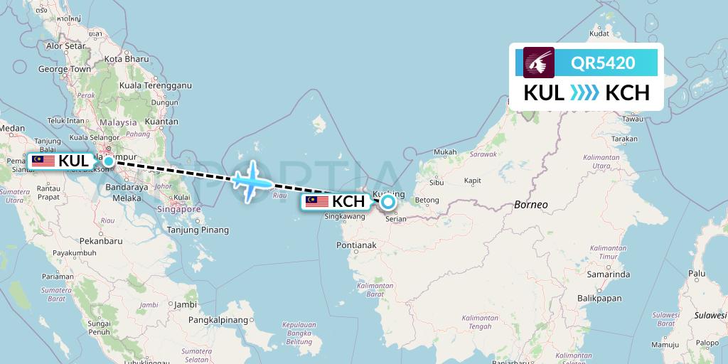 QR5420 Qatar Airways Flight Map: Kuala Lumpur to Kuching