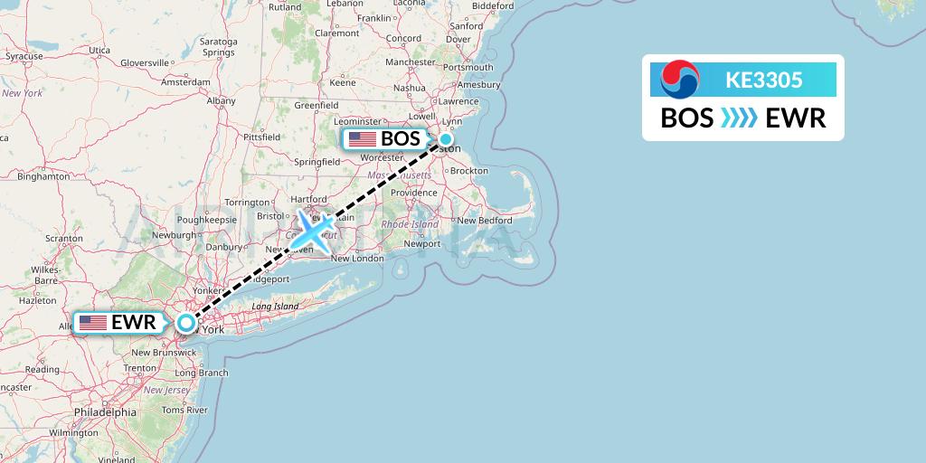 KE3305 Korean Air Flight Map: Boston to New York