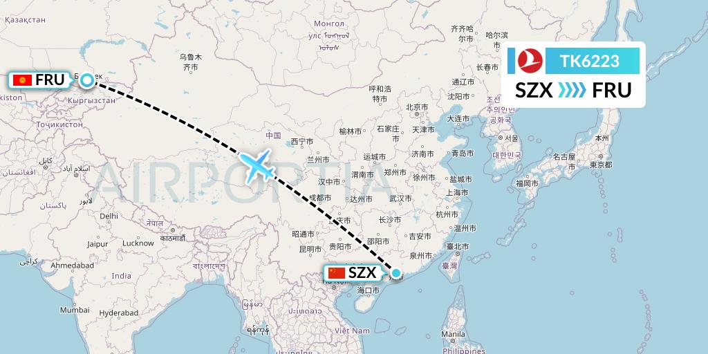 TK6223 Turkish Airlines Flight Map: Shenzhen to Bishkek