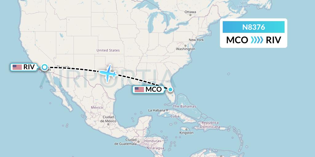 N8376 National Airlines Flight Map: Orlando to Riverside