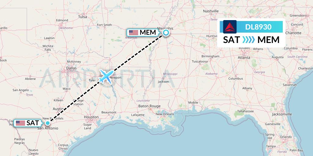 DL8930 Delta Air Lines Flight Map: San Antonio to Memphis