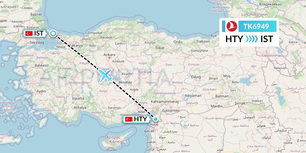 TK6949 Turkish Airlines Flight Map: Antakya to Istanbul