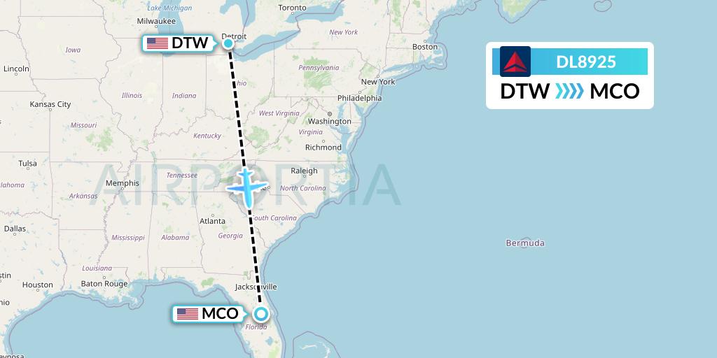 DL8925 Delta Air Lines Flight Map: Detroit to Orlando