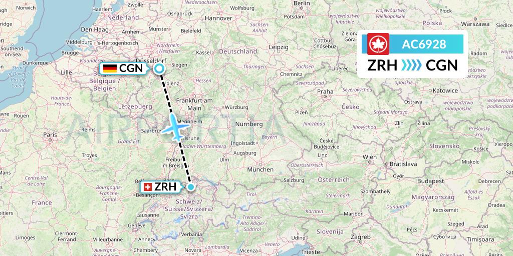 AC6928 Air Canada Flight Map: Zurich to Cologne
