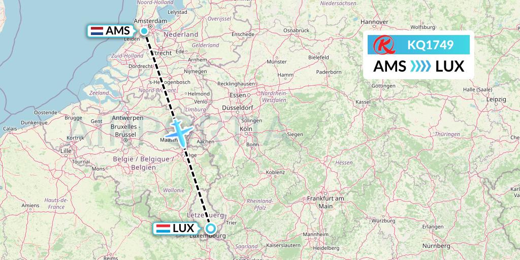 KQ1749 Kenya Airways Flight Map: Amsterdam to Luxembourg