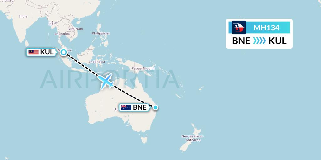 MH134 Malaysia Airlines Flight Map: Brisbane to Kuala Lumpur
