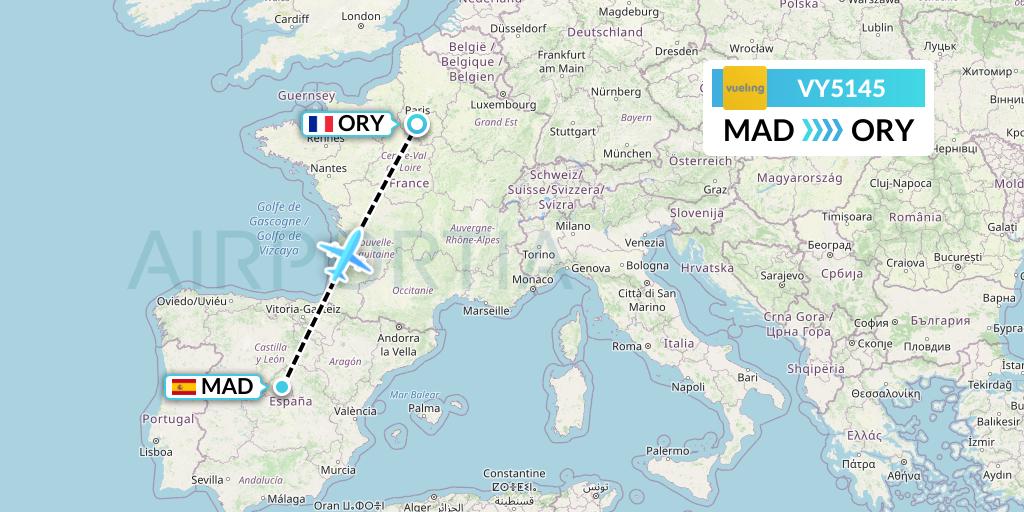 VY5145 Vueling Flight Map: Madrid to Paris