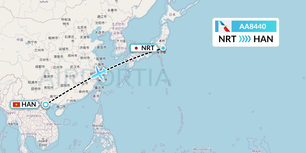AA8440 American Airlines Flight Map: Tokyo to Hanoi