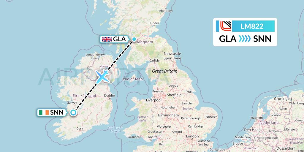 LM822 Loganair Flight Map: Glasgow to Shannon