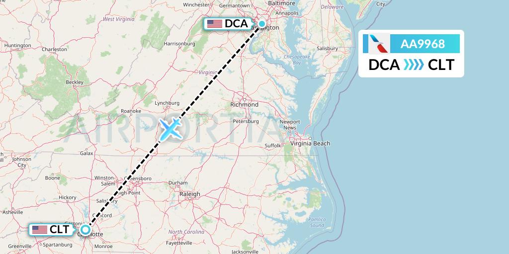 AA9968 American Airlines Flight Map: Washington to Charlotte