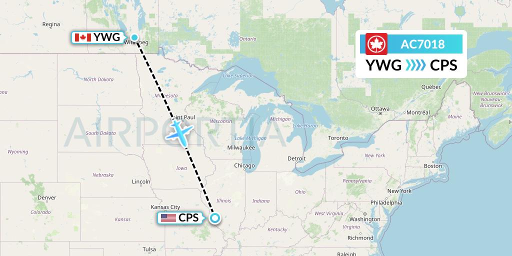 AC7018 Air Canada Flight Map: Winnipeg to St. Louis