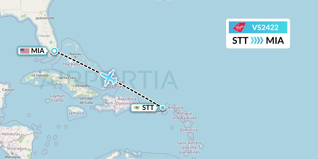 VS2422 Virgin Atlantic Airways Flight Map: St. Thomas to Miami