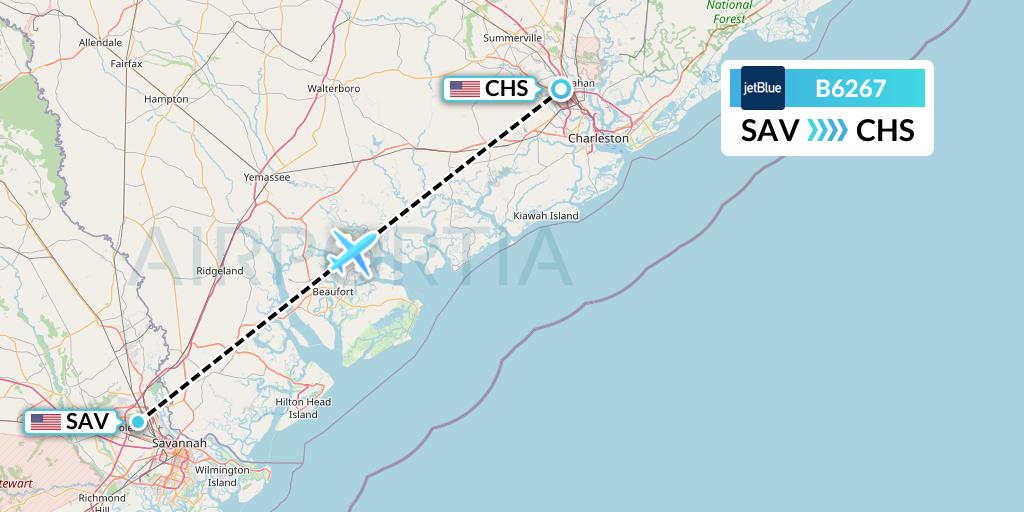 B6267 JetBlue Airways Flight Map: Savannah to Charleston