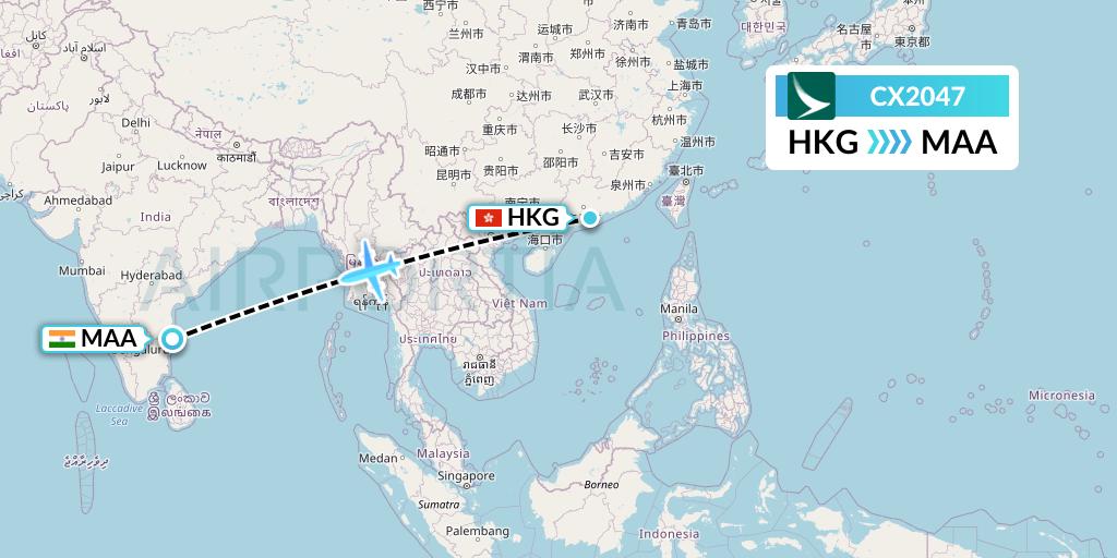 CX2047 Cathay Pacific Flight Map: Hong Kong to Chennai