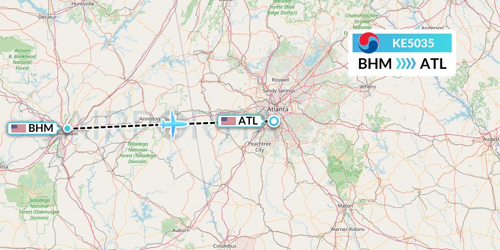 KE5035 Korean Air Flight Map: Birmingham to Atlanta
