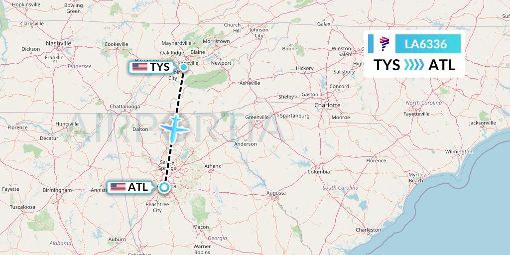 LA6336 LAN Airlines Flight Map: Knoxville to Atlanta