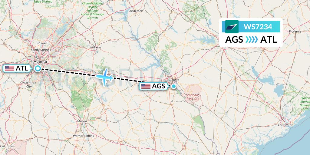 WS7234 WestJet Flight Map: Augusta to Atlanta