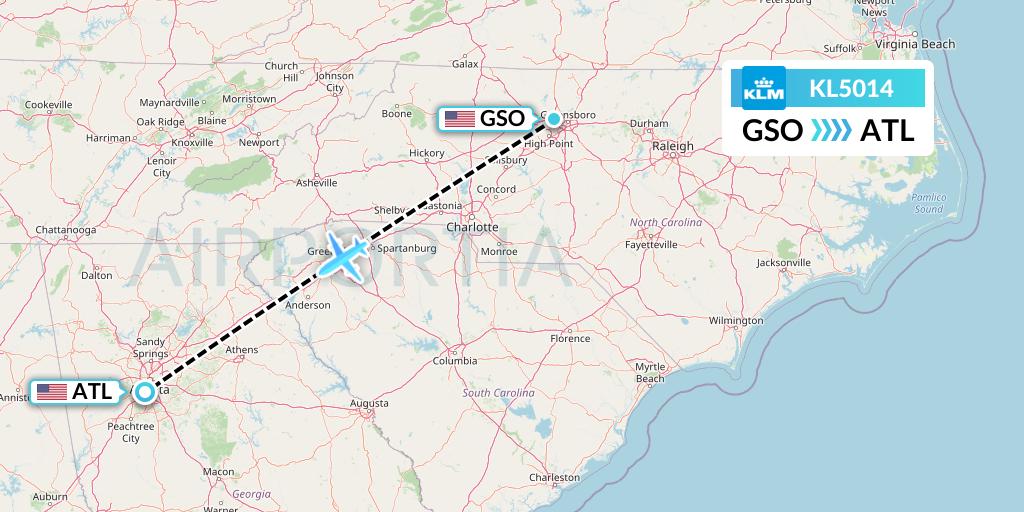 KL5014 KLM Flight Map: Greensboro to Atlanta