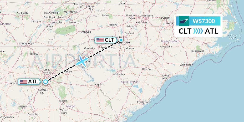 WS7300 WestJet Flight Map: Charlotte to Atlanta