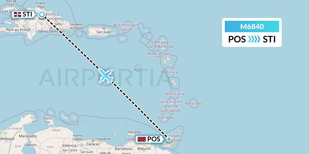 M6840 Amerijet International Flight Map: Port of Spain to Santiago de los Caballeros