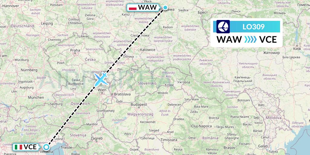 LO309 LOT Flight Map: Warsaw to Venice
