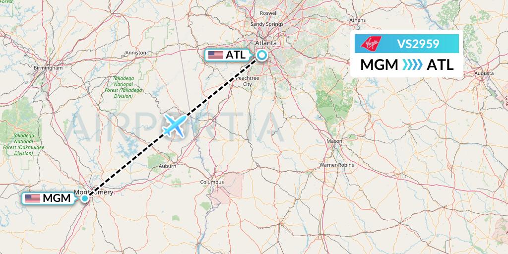 VS2959 Virgin Atlantic Airways Flight Map: Montgomery to Atlanta