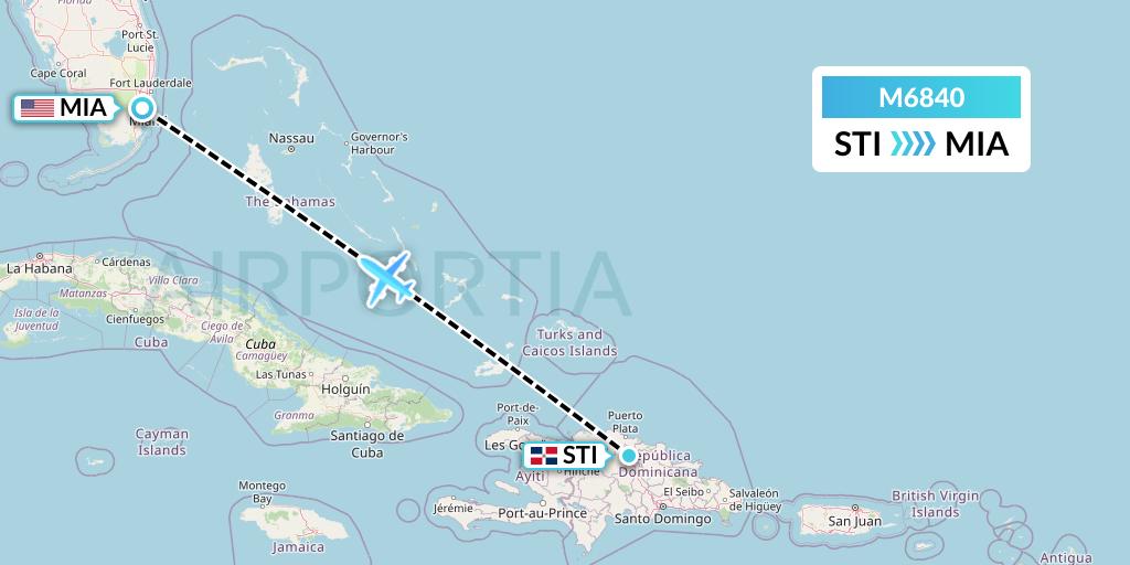 M6840 Amerijet International Flight Map: Santiago de los Caballeros to Miami