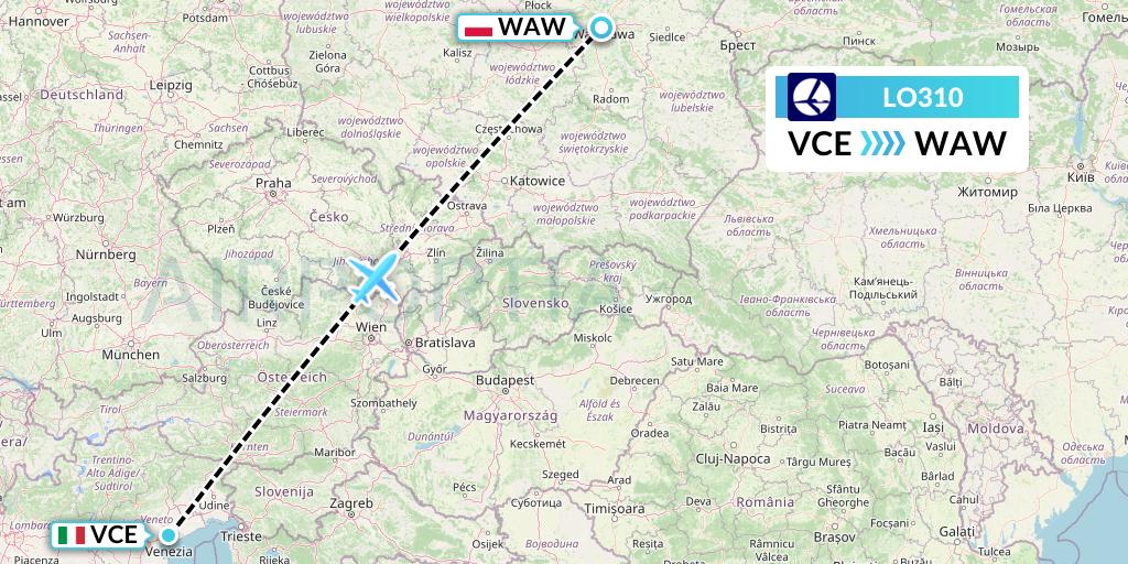 LO310 LOT Flight Map: Venice to Warsaw