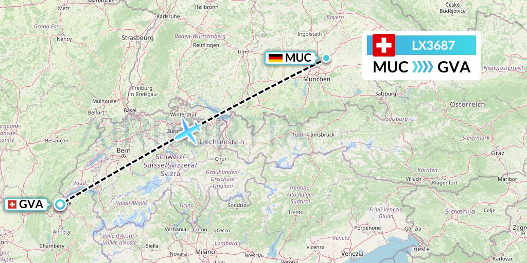 LX3687 Swiss Flight Map: Munich to Geneva