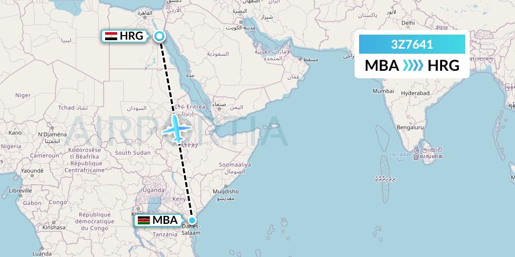 3Z7641 Travel Service Polska Flight Map: Mombasa to Hurghada