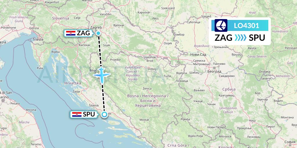 LO4301 LOT Flight Map: Zagreb to Split