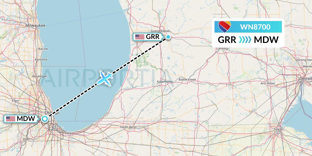 WN8700 Southwest Airlines Flight Map: Grand Rapids to Chicago
