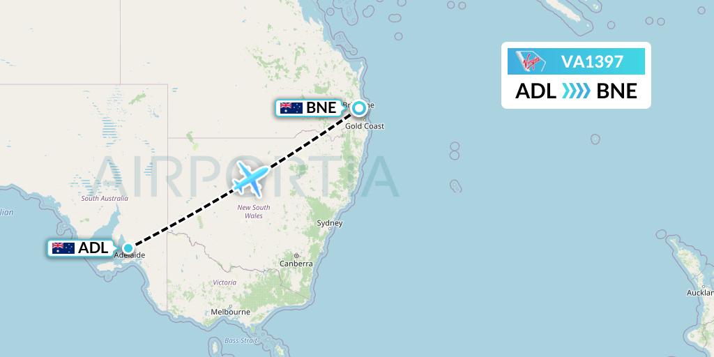 VA1397 Virgin Australia Flight Map: Adelaide to Brisbane