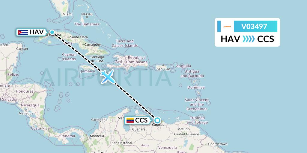V03497 Conviasa Flight Map: Havana to Caracas