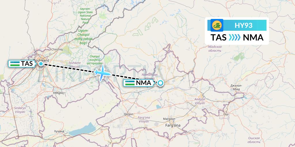 HY93 Uzbekistan Airways Flight Map: Tashkent to Namangan