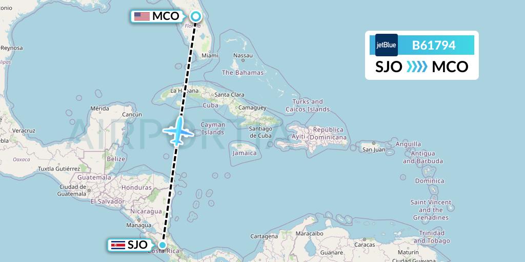 B61794 JetBlue Airways Flight Map: San Jose to Orlando