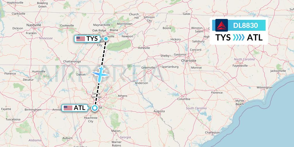 DL8830 Delta Air Lines Flight Map: Knoxville to Atlanta