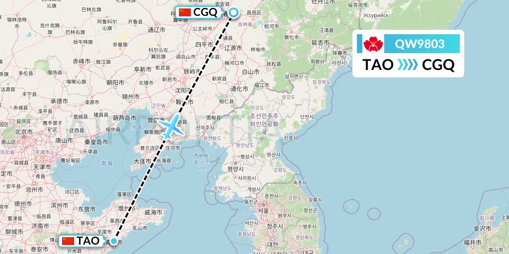 QW9803 Qingdao Airlines Flight Map: Qingdao to Changchun