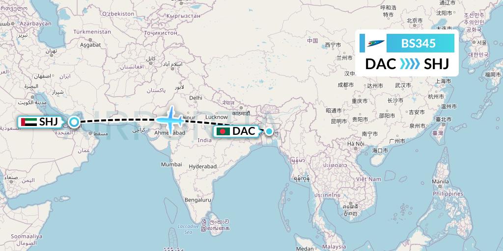 BS345 US-Bangla Airlines Flight Map: Dhaka to Sharjah