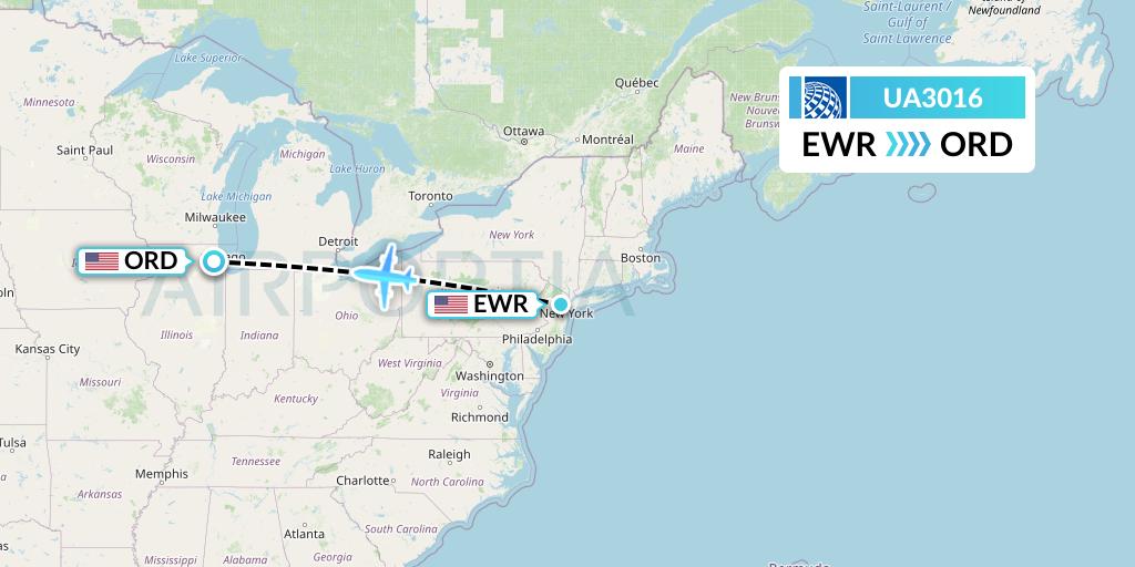 UA3016 United Airlines Flight Map: New York to Chicago