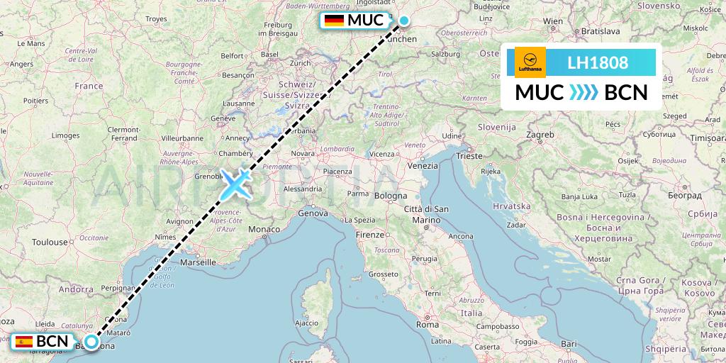 LH1808 Lufthansa Flight Map: Munich to Barcelona