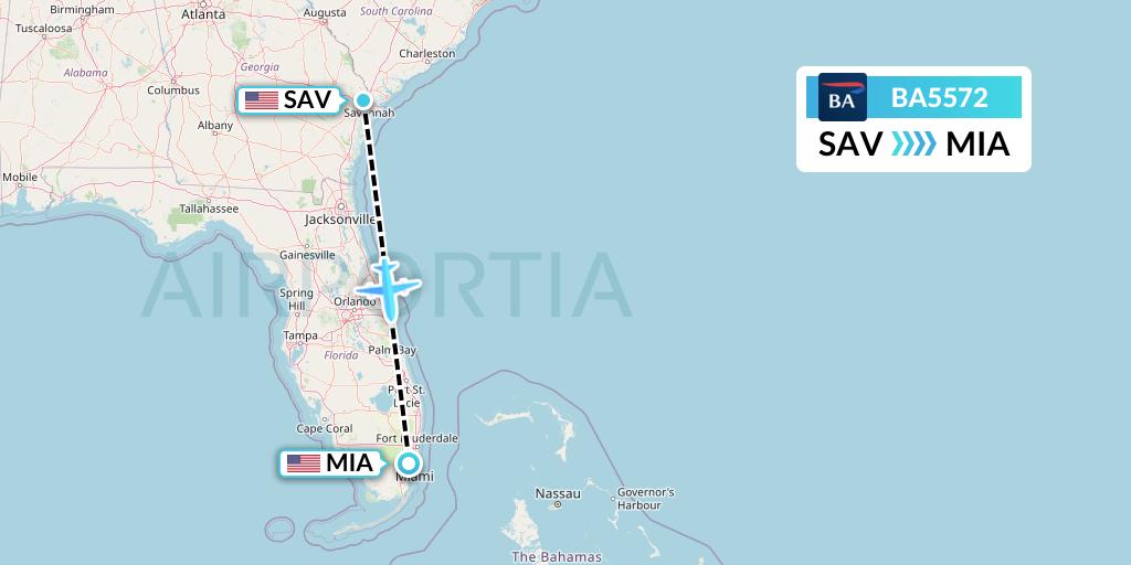 BA5572 British Airways Flight Map: Savannah to Miami