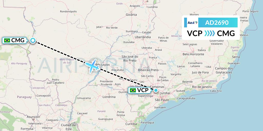 AD2690 Azul Brazilian Airlines Flight Map: Campinas to Corumba