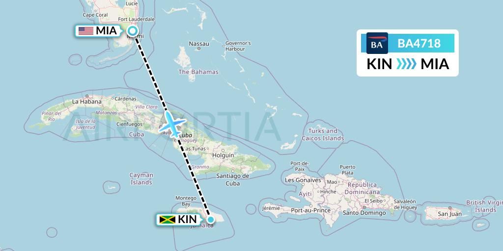 BA4718 British Airways Flight Map: Kingston to Miami