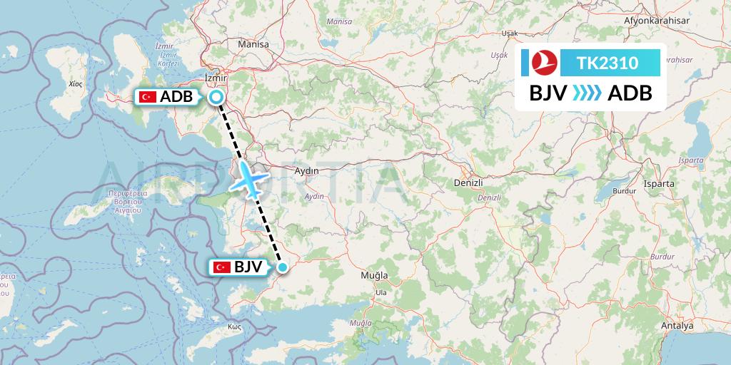 TK2310 Turkish Airlines Flight Map: Bodrum to Izmir